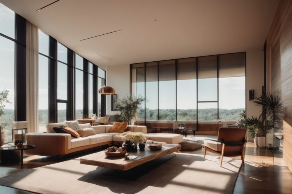 Modern home interior with sunlight filtering through tinted window film