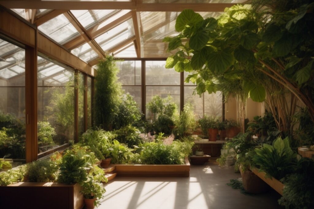 Indoor garden in Denver with sunlight filtering through window film