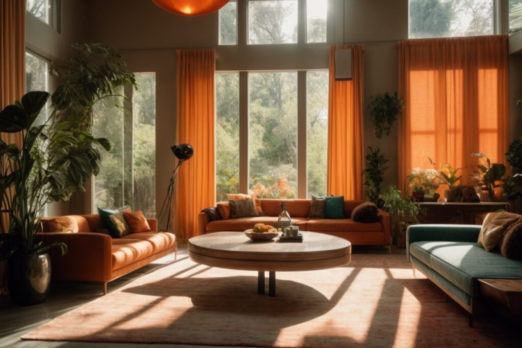 Lush interior room with vibrant furnishings and intense sunlight through window film