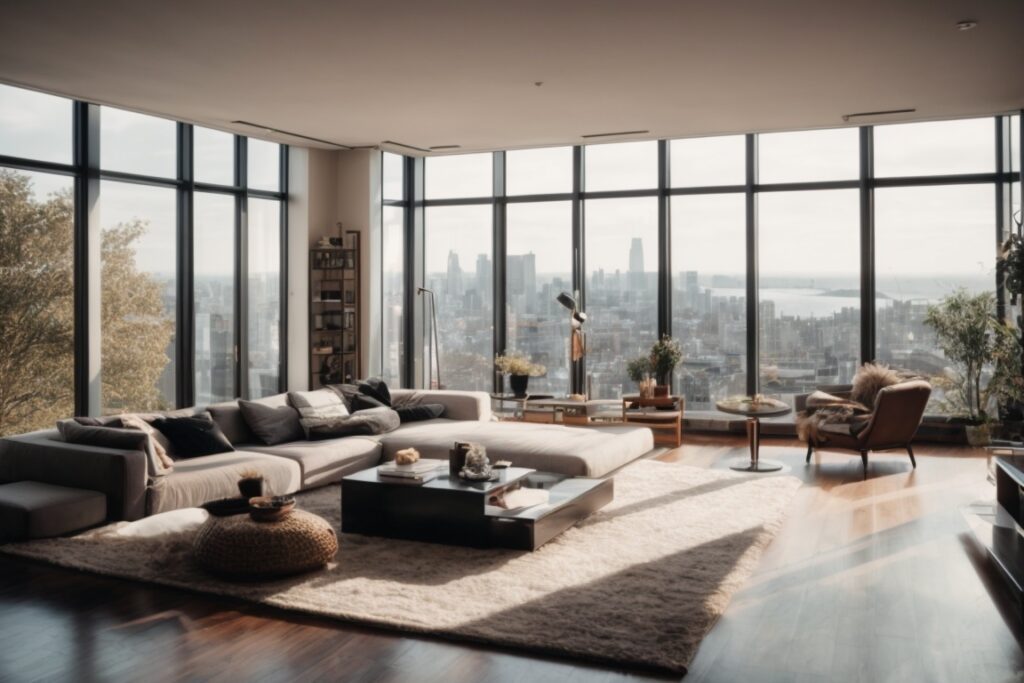 modern living room with opaque windows blocking city noise