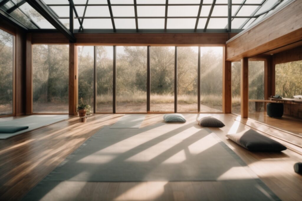 home yoga studio with opaque windows filtering sunlight