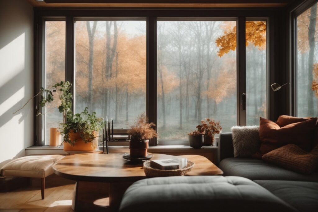 Cozy home interior showing thermal window film during different seasons