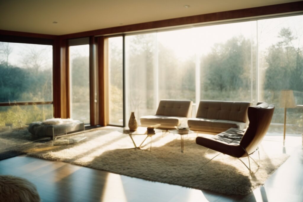 Interior of a home with sunlight filtering through frosted window film