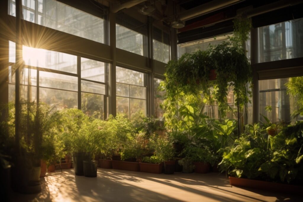 urban garden interior with sunlight filtering through window film
