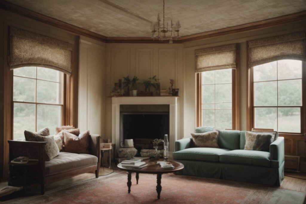 Cleveland home interior with faded furnishings and peeling window film