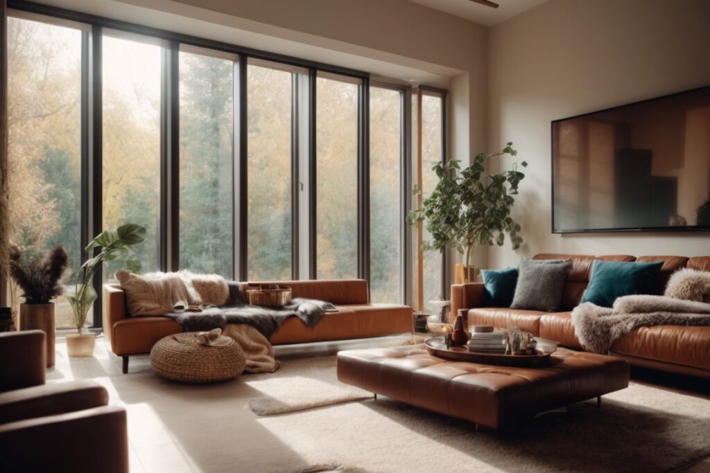 Cozy living room with protective window film reducing UV exposure