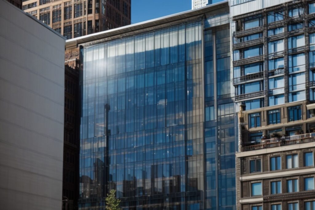 Window film installation on Chicago building to block solar flares
