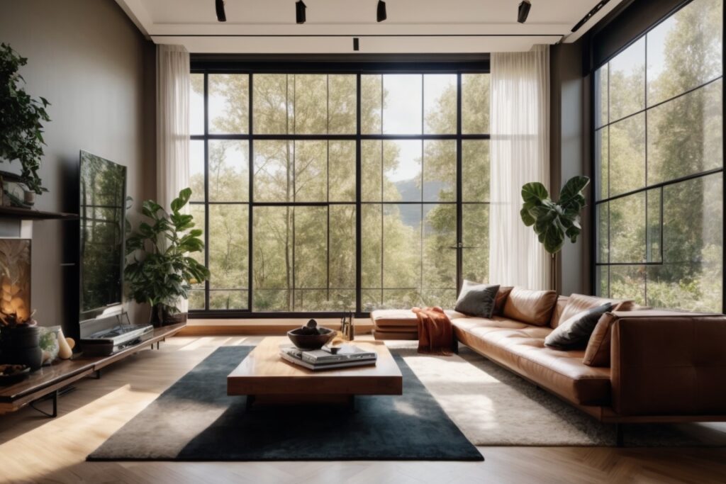modern living room with opaque window films to enhance privacy and reduce sunlight exposure