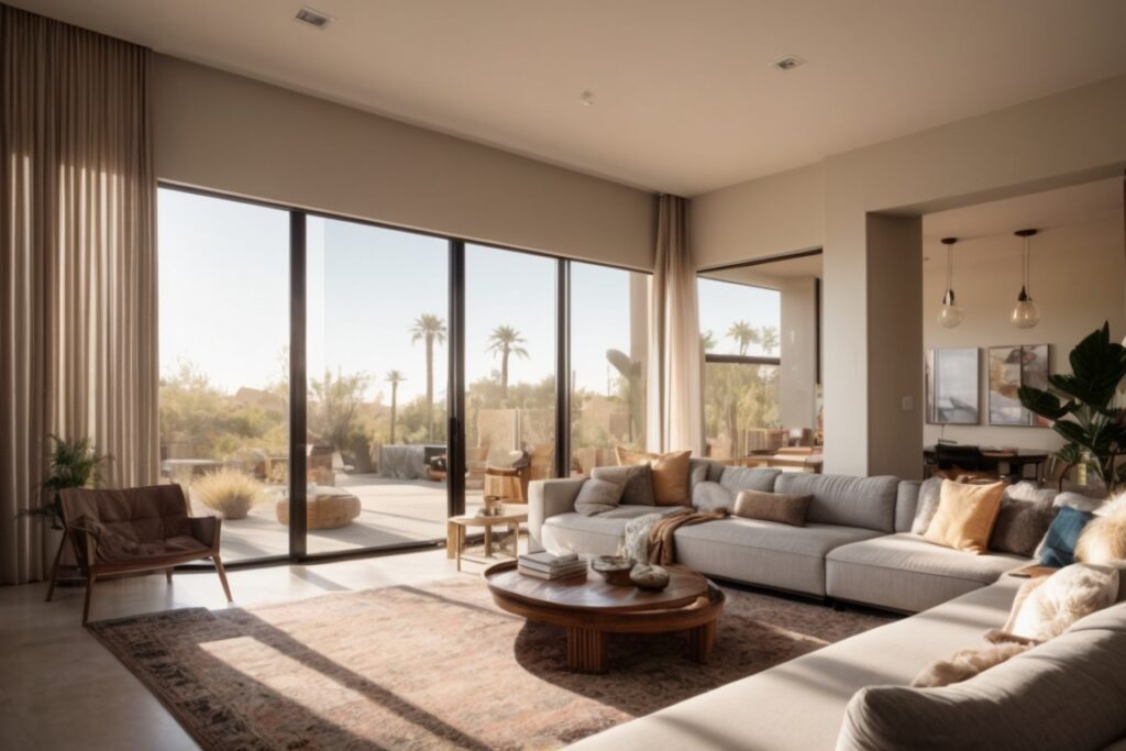 Living room with reflective window film reducing glare and sunlight in Phoenix