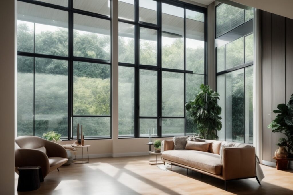 modern home interior with nanotechnology-enhanced window film blocking UV rays