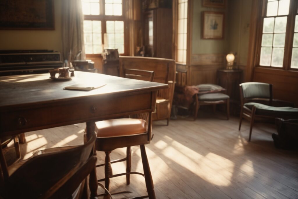Interior with faded furniture and sunlight streaming through windows