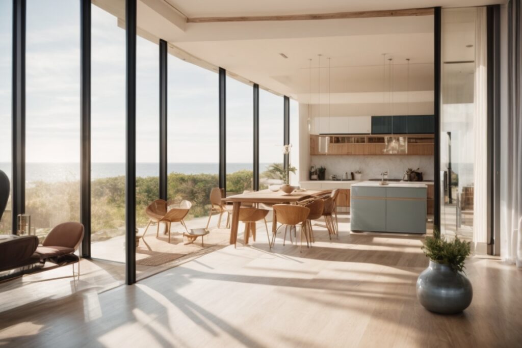 Coastal home interior with sunlit opaque windows and energy-efficient design
